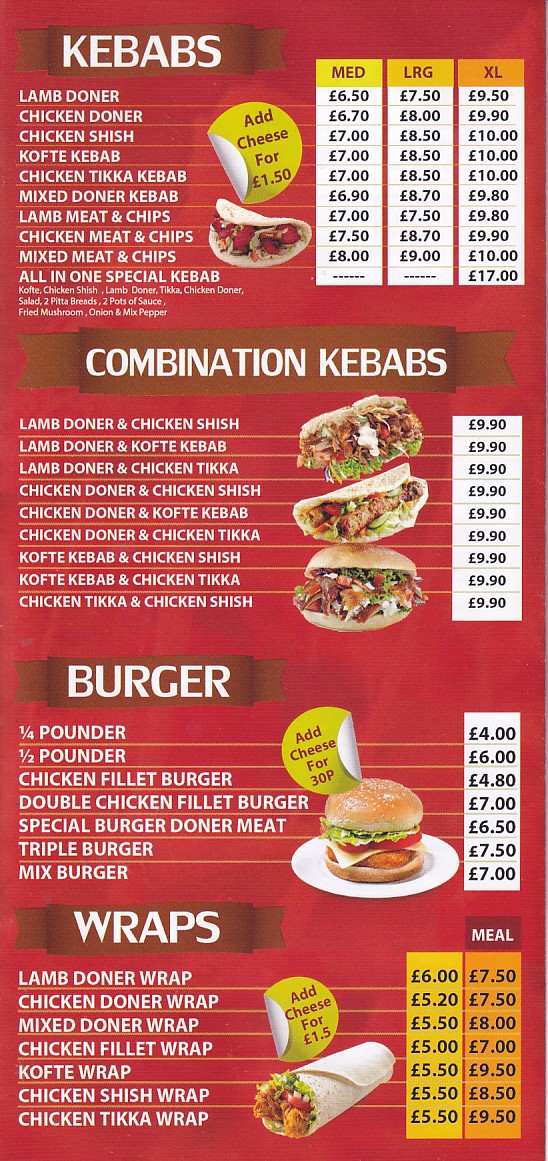 Menu of All in one Takeaway, Llaneelli