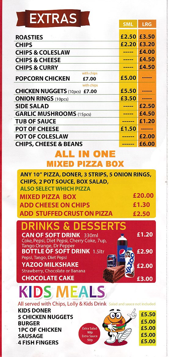 Menu of All in one Takeaway, Llaneelli