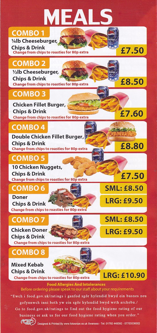 Menu of All in one Takeaway, Llaneelli