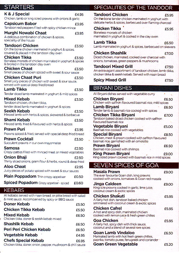 K and J Spice House Llanelli menu