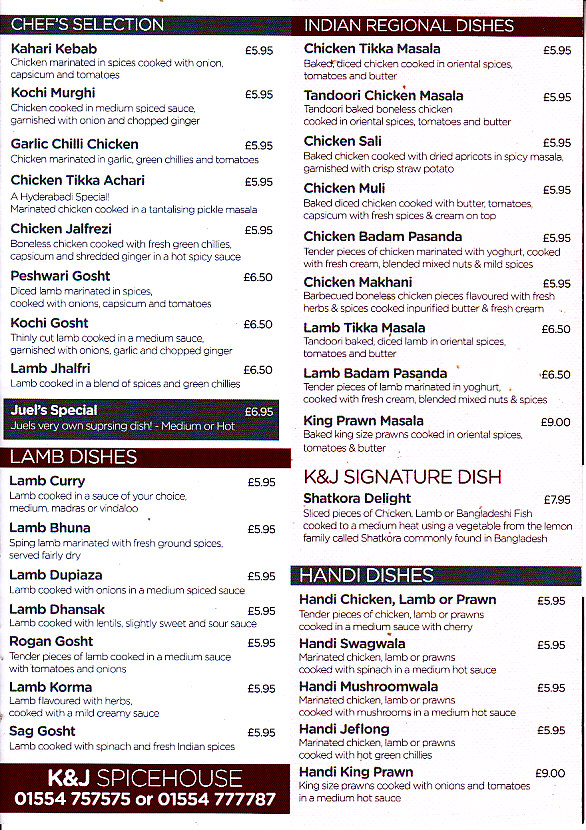 K and J Spice House Llanelli menu