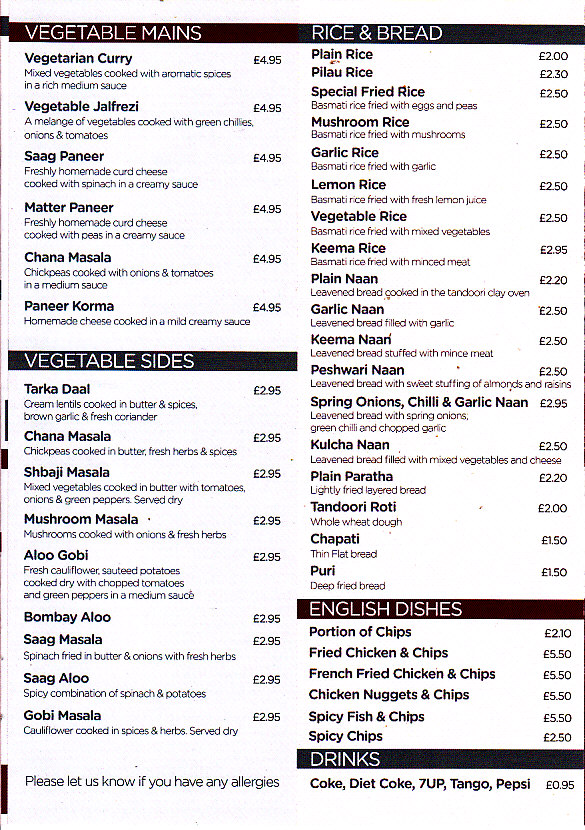 K and J Spice House Llanelli menu