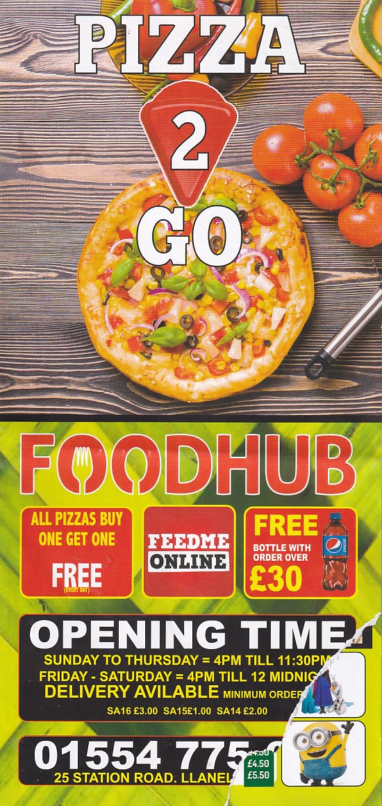 Menu of Pizza 2 Go, llanelli