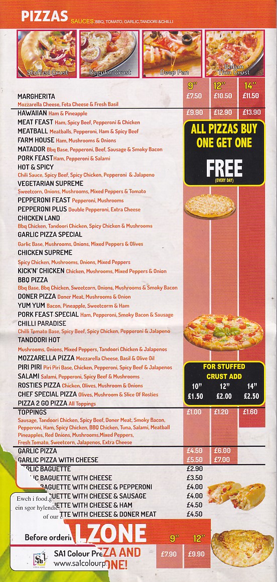 Menu of Pizza 2 Go, llanelli