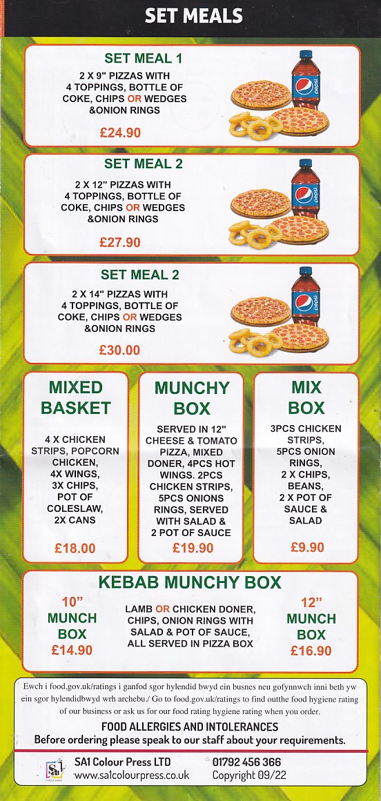 Menu of Pizza 2 Go, llanelli