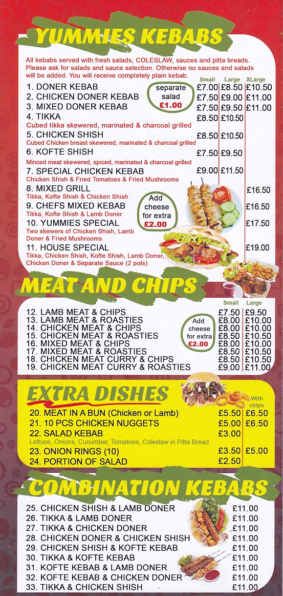 Menu of Yummies llanelli