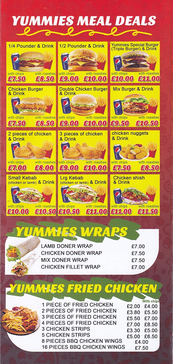 Menu of Yummies llanelli