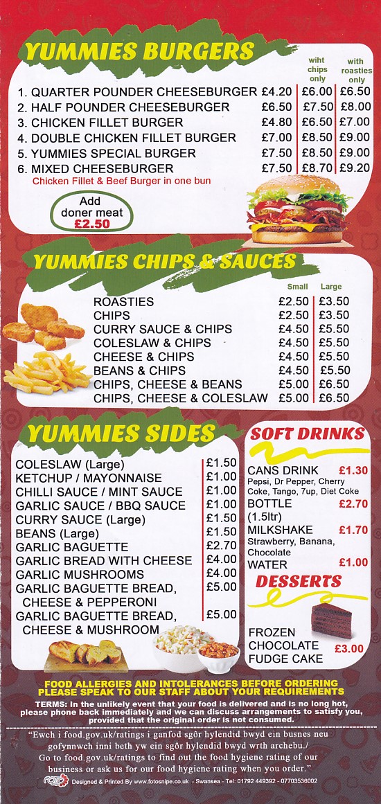 Menu of Yummies llanelli