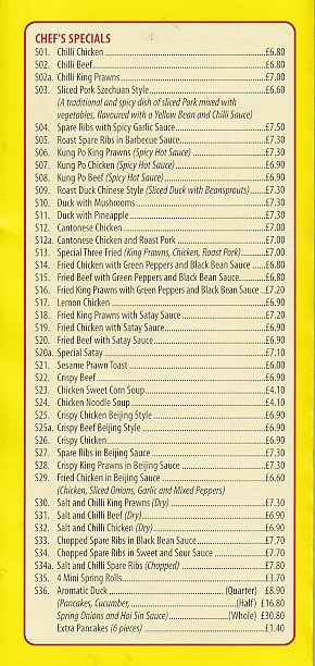 Menu of Burry Port Chinese Takeaway