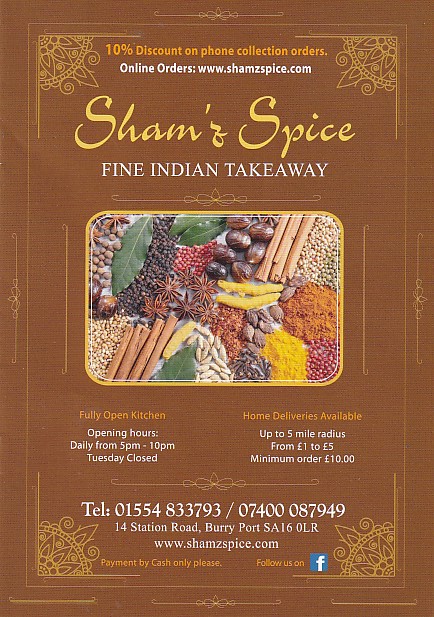 Menu of  Sham's Spice Burry Port