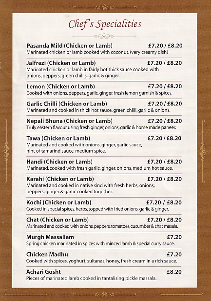 Menu of Sham's Spice Burry Port