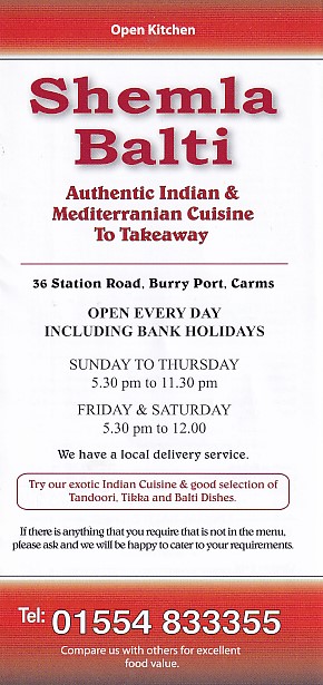 Menu of Shemla Balti Indian Takeaway Burry Port