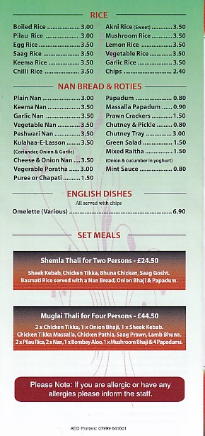 Menu of Shemla Balti Indian Takeaway Burry Port