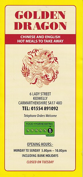 Menu of Golden Dragon, Kidwelly