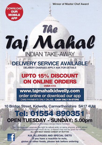 Menu of Taj Mahal Kidwelly