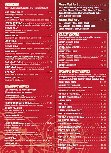 Menu of Taj Mahal Kidwelly