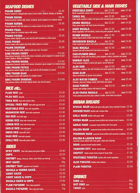 Menu of Taj Mahal Kidwelly