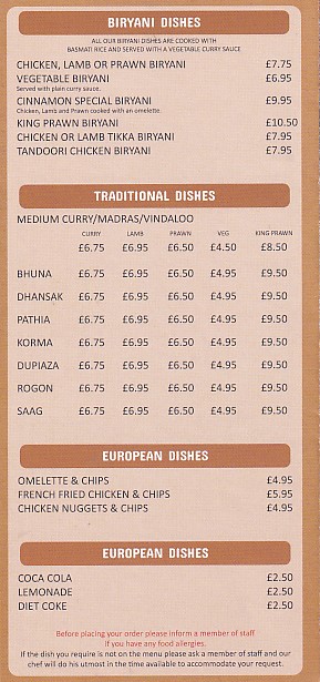 Menu of  Cinnamon Indian takeaway food Carmarthen