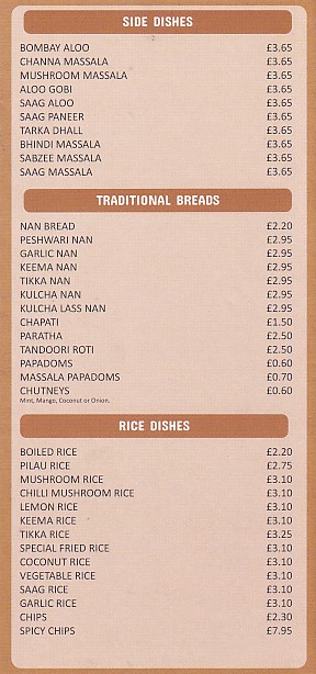 Menu of  Cinnamon Indian takeaway food Carmarthen